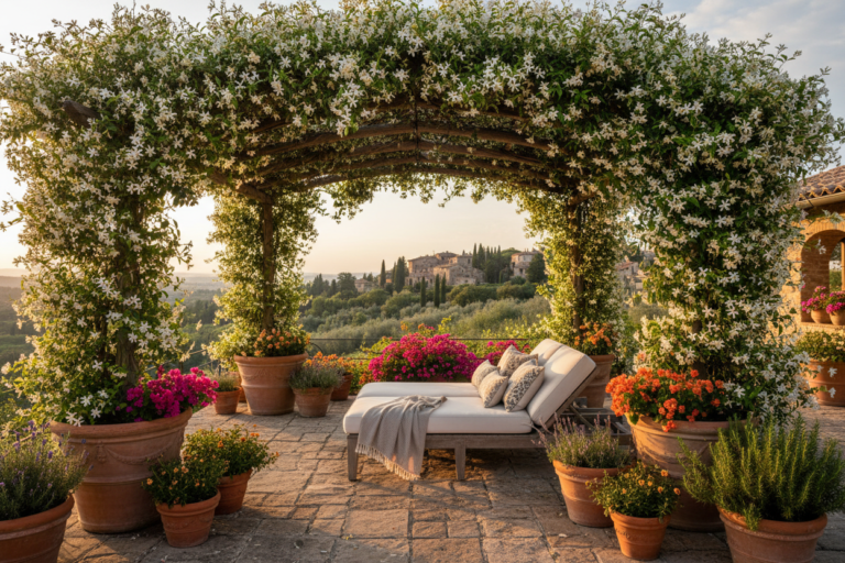 Cette plante grimpante persistante adorée des paysagistes transforme terrasse ou patio en cocon parfumé tout l’été sans effort